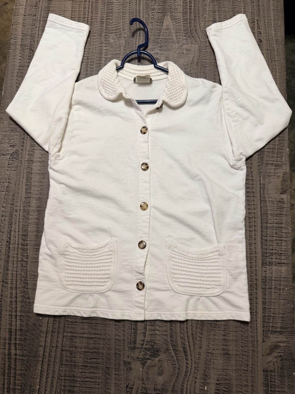 Republic Blues Vtg. White Knit Cardigan with Braided Collar & Front Pockets